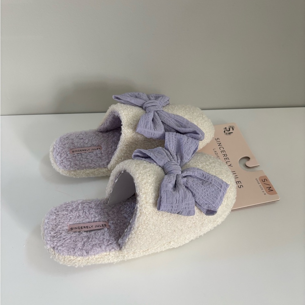 Sincerely Jules Purple Bow Tie Cream Sherpa Textured Open-Back Slippers